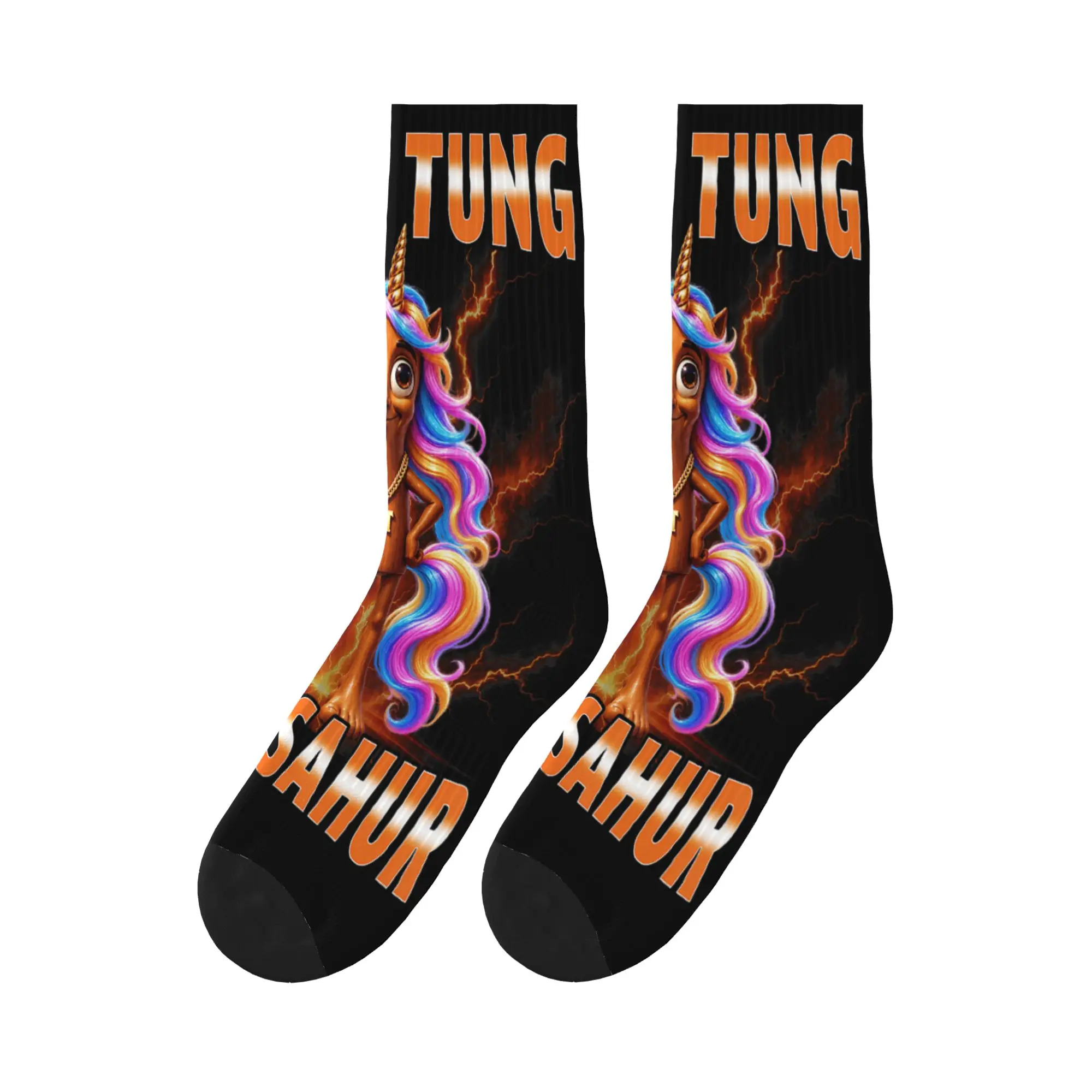 Funny Tung Tung Sahur Unicorn Rainbow Hair Lightning Socks Autumn Stockings Gothic Men Soft Socks Graphic Running Non Slip Socks