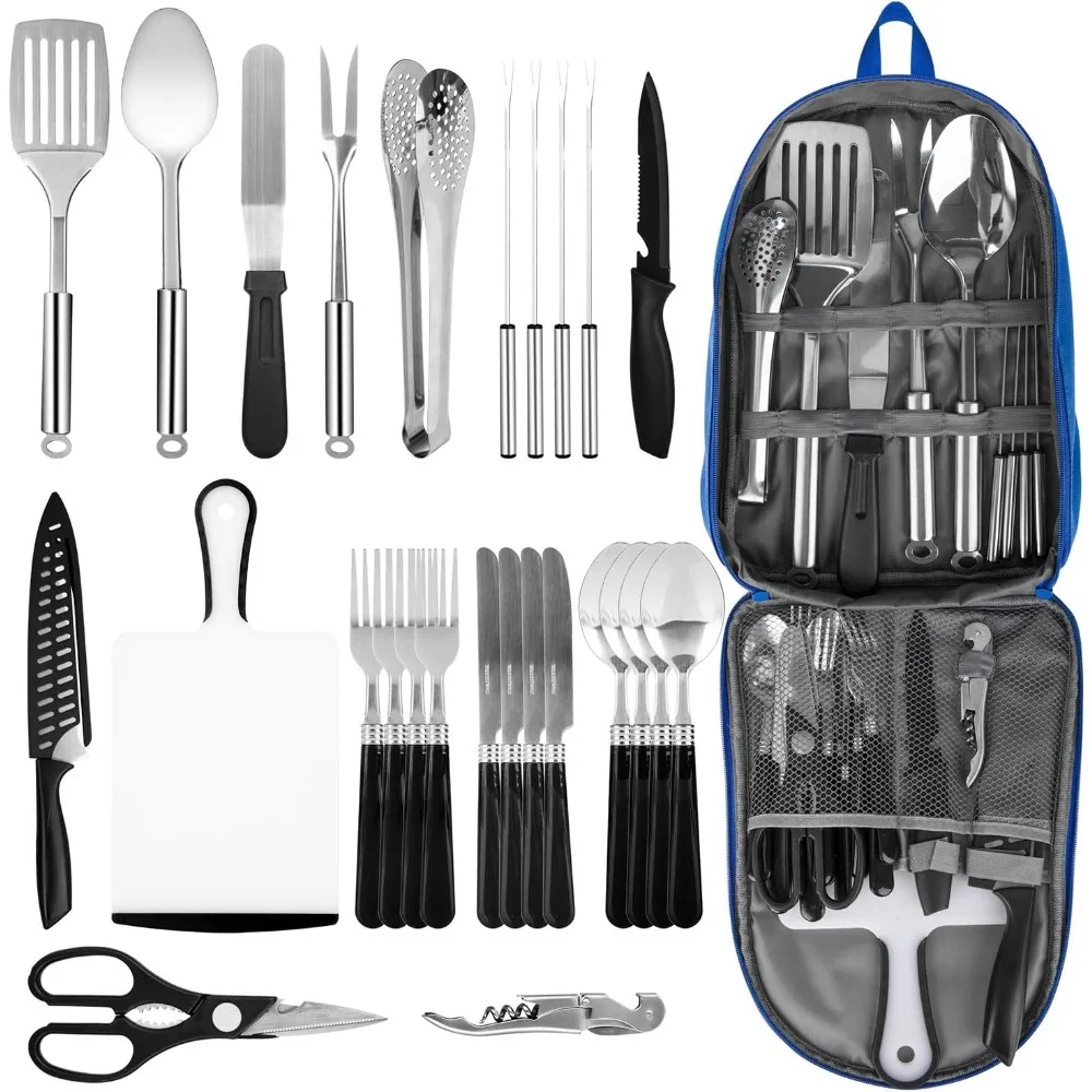 

Portable Camping Kitchen Utensil Set, 27-Piece Stainless Steel Outdoor Cooking and Grilling Utensil Organizer