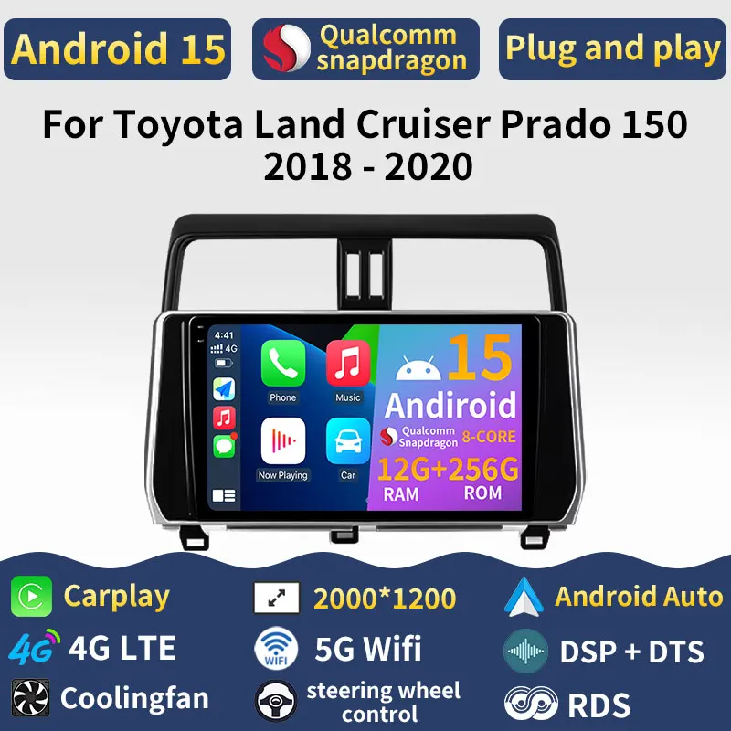 

Android 15 Carplay For Toyota Land Cruiser Prado 150 2018 - 2020 Car Radio GPS Audio Auto 360 Camera Video Player 5G WIFI BT DSP
