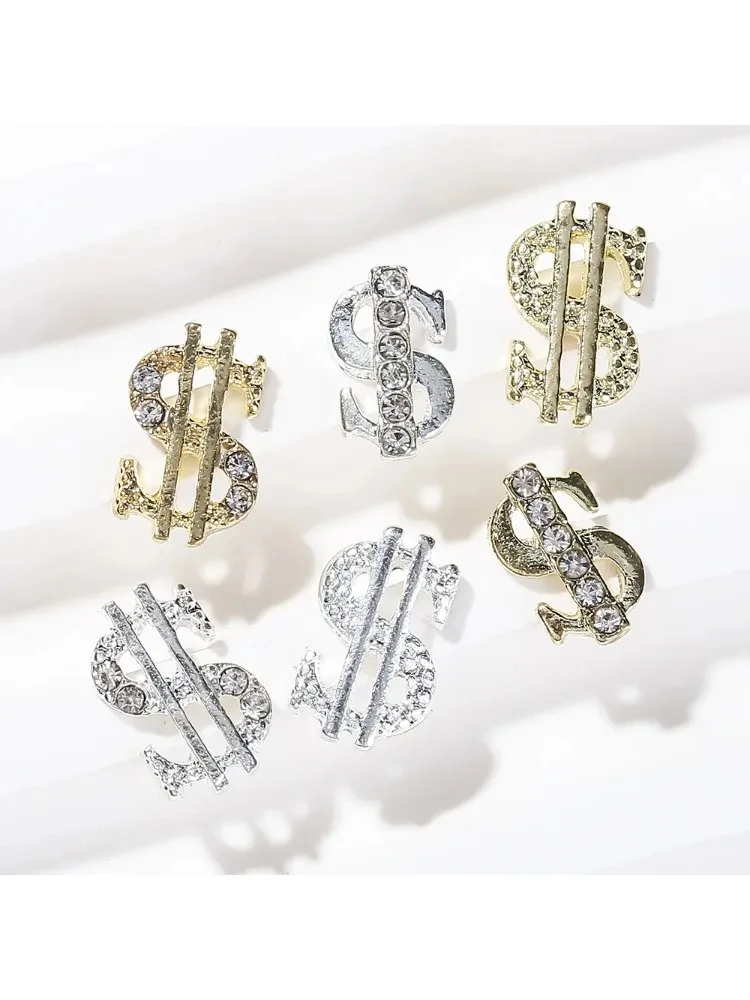 10Pcs Gold Silver US Dollar Symbol Sign Nail Figures Decoration Rhinestones Manicure Hip Hop Jewelry DIY Nail Jewelry Bulk Sales