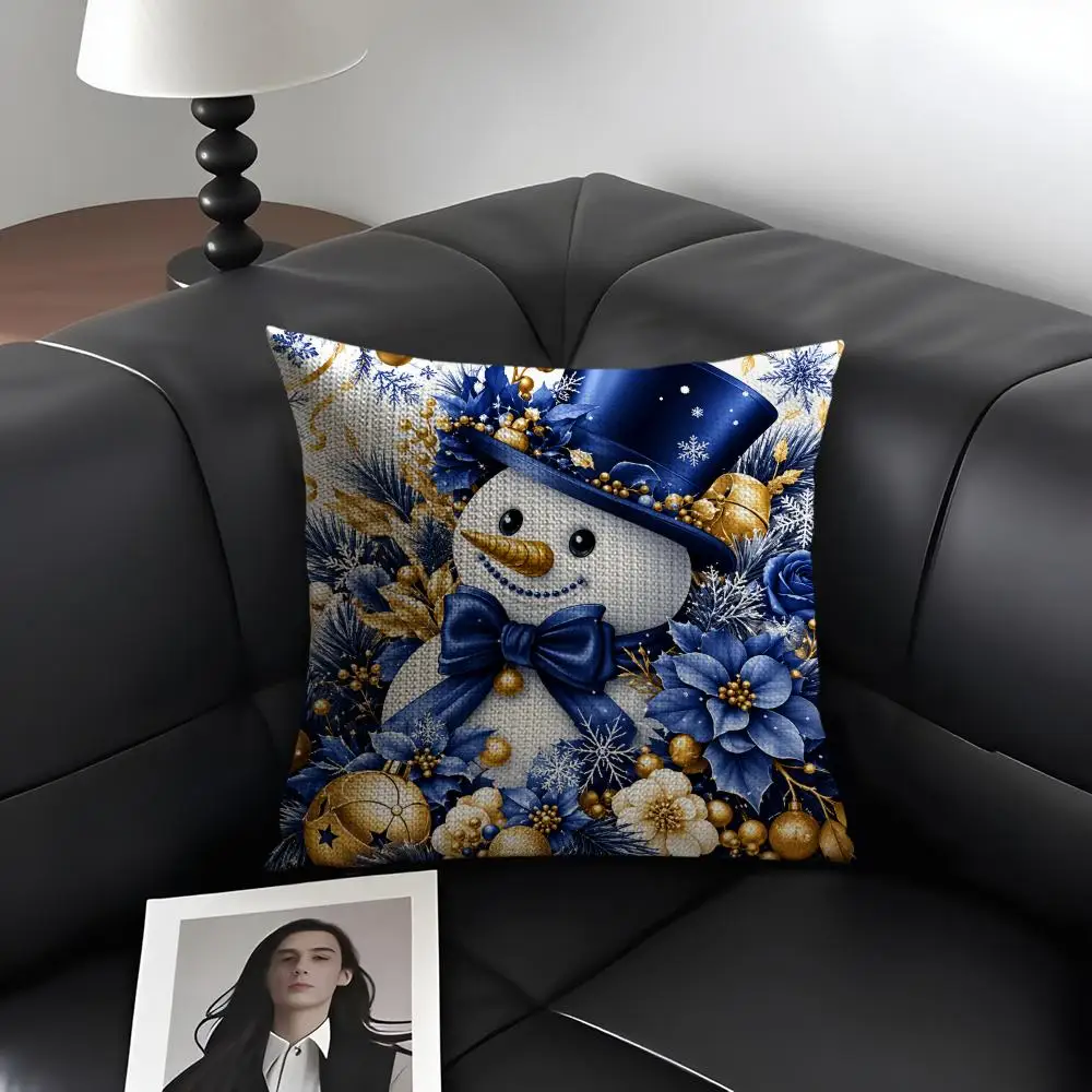 Blue Gold Xmas Art Cushion Cover Natural Linen Organic Fabric Double-Sided Printing Breathable Perfect Gift For Decor