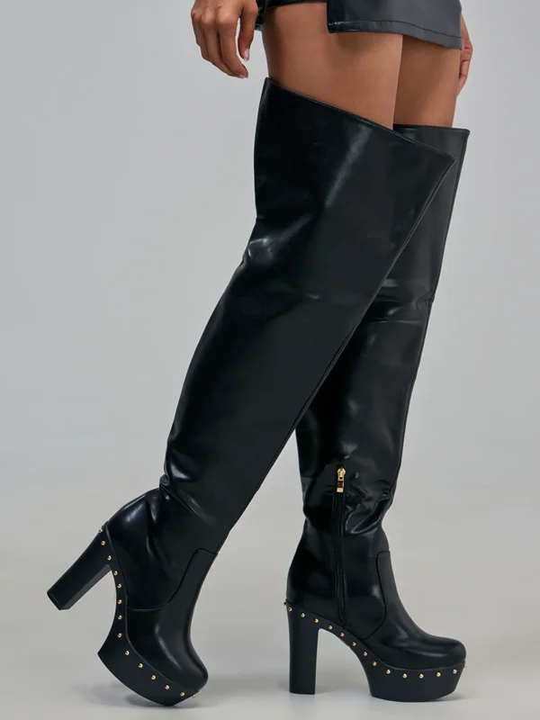 Metal Rivet Platfrom Over The Knee Boots Sexy Pointed Toe Square Heels Leather Customized New Arrivlas Fashion Women Boots
