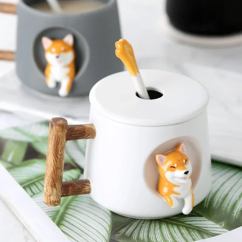 Creative Cartoon Ceramic Personality Cute Mug with Lid Spoon Household Cartoon Couple Coffee Cup Shiba Inu Dog Cup Gift Drink