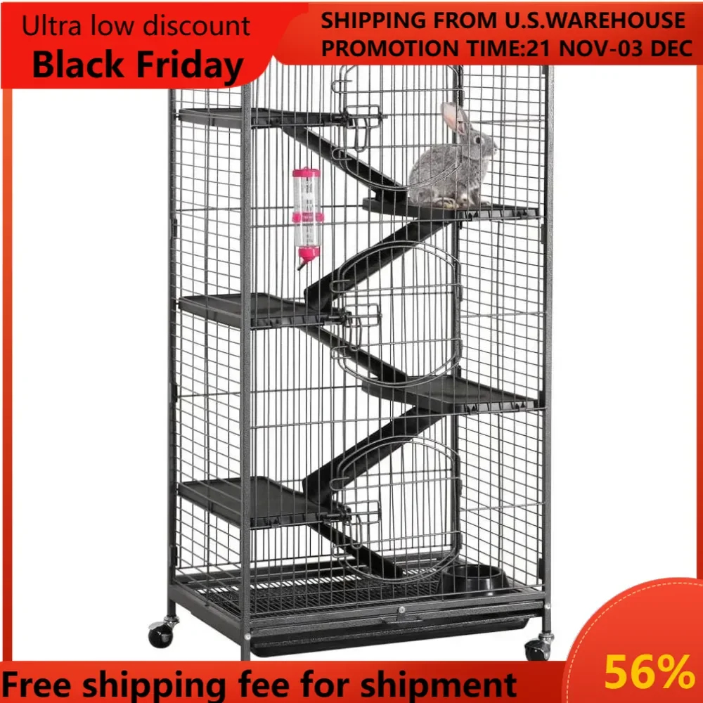 

Multi Levels Rolling Large Ferret Cage - 52-inch Pet Chinchilla Bunny Squirrels Cage Small Animals Hutch w/ 3 Front Doors