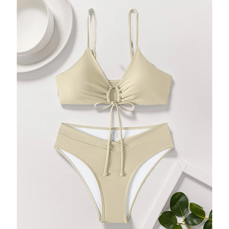 솔리드 수영복 여성 섹시 비키니 속이 비치는 레이스업 하이웨이스트 비키니 수영복 여름 2025 신상 패션 수영복 투피스 세트