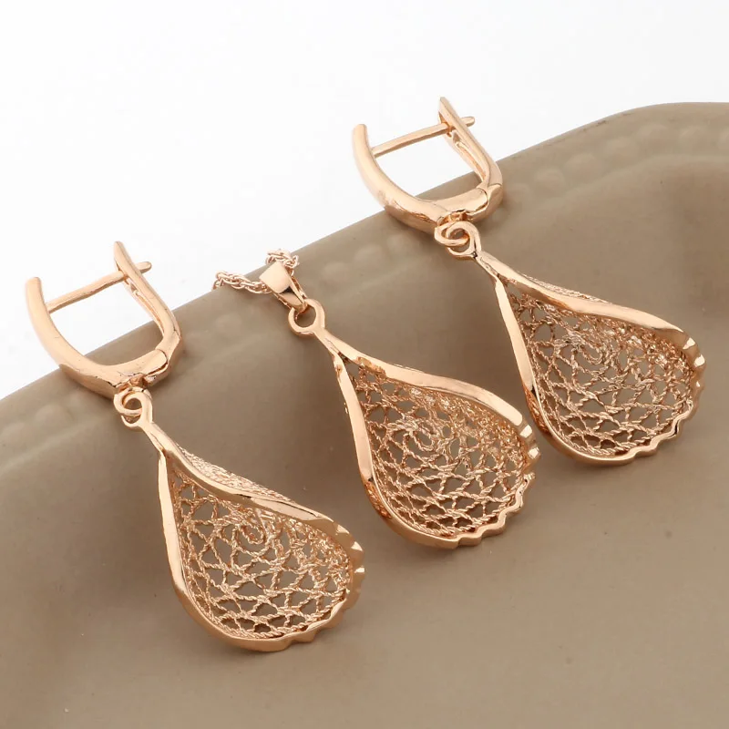 New Carve Flower Hollow  Earrings Jewelry Sets For Women Unique Gift Fine Wedding Fashion 585 Rose Gold Color Jewelry Sets