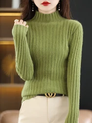 100% Mink Cashmere Sweater Women's Half Turtleneck Sprout Knitted Pullover Elastic Slim-fit Sweater Stylish Warm Tops New Autumn