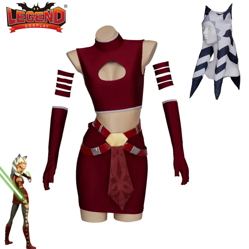 Disfraz de Cosplay de Ahsoka Tano para mujer, vestido rojo de Star Wars, clon con sombrero y tocado