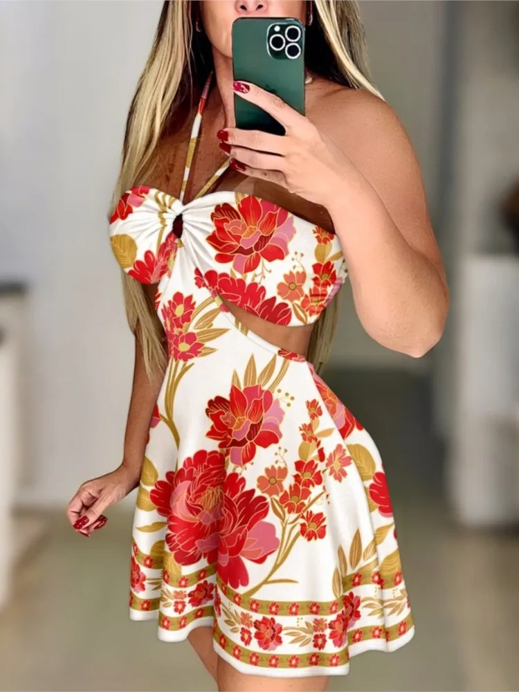 Damenmode Boho Sexy Strandurlaubskleider 2025, Sommer, neuer Druck, schulterfrei, Neckholder, hohle Minikleider für Frauen