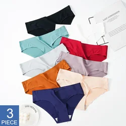 3 Pcs Lot Ice Silk Seamless Briefs for Women One Piece Solid Color Large Size Panties Female Underwear Intimate Lingerie