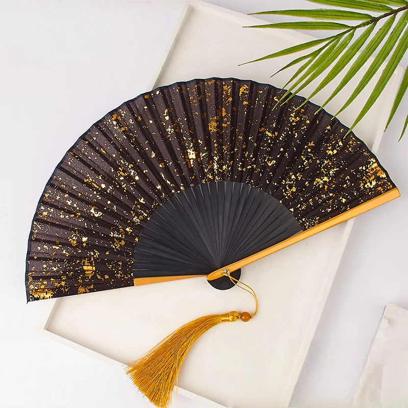 

Black Folding Fan Imitation Silk Fabric Graft Fan Baking Lacquer Fan Classical Fan Hand Fans Weddings Chinese Luxury Gliding Fan