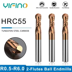 Yifino-HRC55 2-Flauta Fresadora, Tungsten Steel, Carbide Ball Nose End Mill para CNC Metais Mecânicos, Endmill Tools