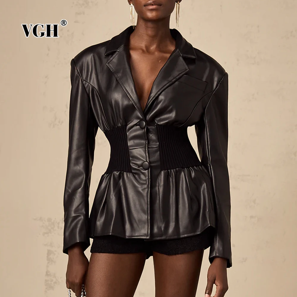 

VGH Casual Fashion Pu Leather Jacket for Women Lapel Long Sleeve Spliced Tunic Design Slimming Streetwear Coat Female Autumn New