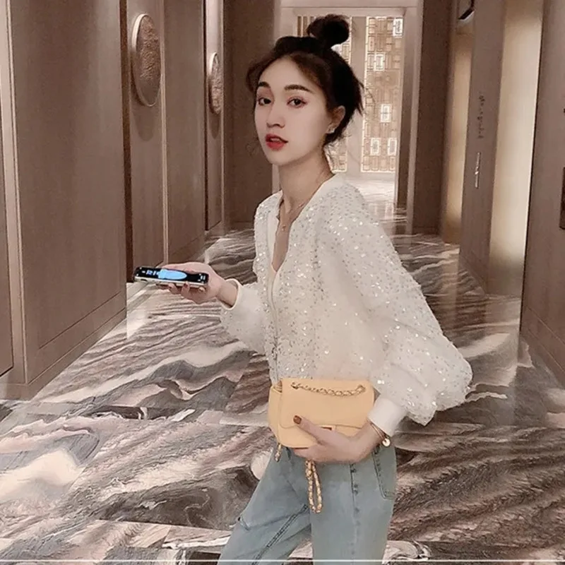 

Sequined Jacket Female Spring Autumn Patchwork Loose Night Club Outerwear Long Sleeve Hip Hop Coats Women Zipper Solid Mesh Tops