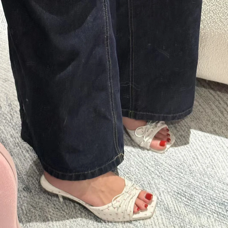 Women's Floral Square Toe High Heel Slide Sandals