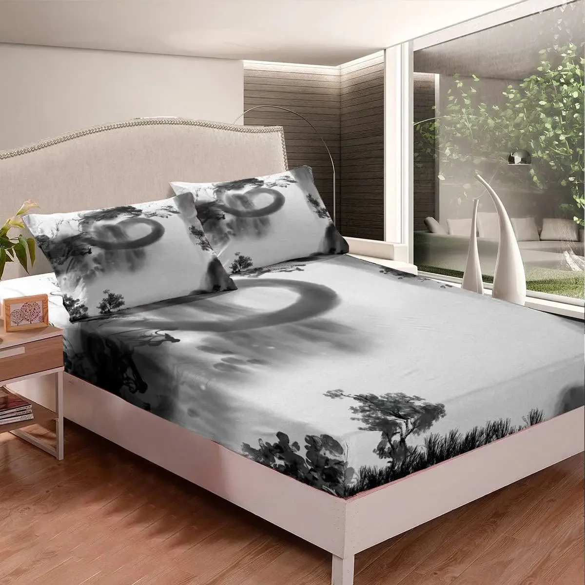 Black White Dragon Fitted Sheet Queen Ink Style Bedding Set Magical Animal Bed Sheets for Kids Teens Adults with 2 Pillowcases