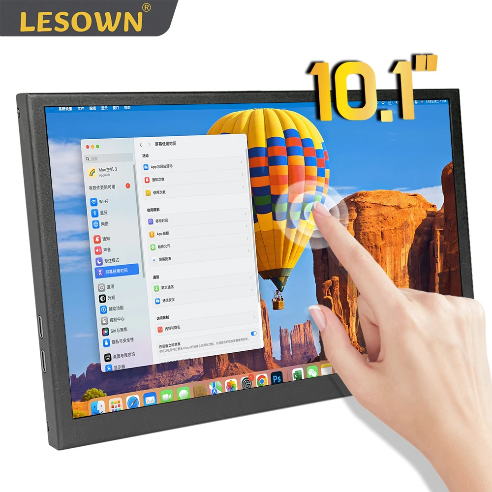 

LESOWN Type C Small Wide 10.1 inch Monitor Capacitive Touch Screen 1024x600 IPS VESA Extension Display for PC Smart Phone