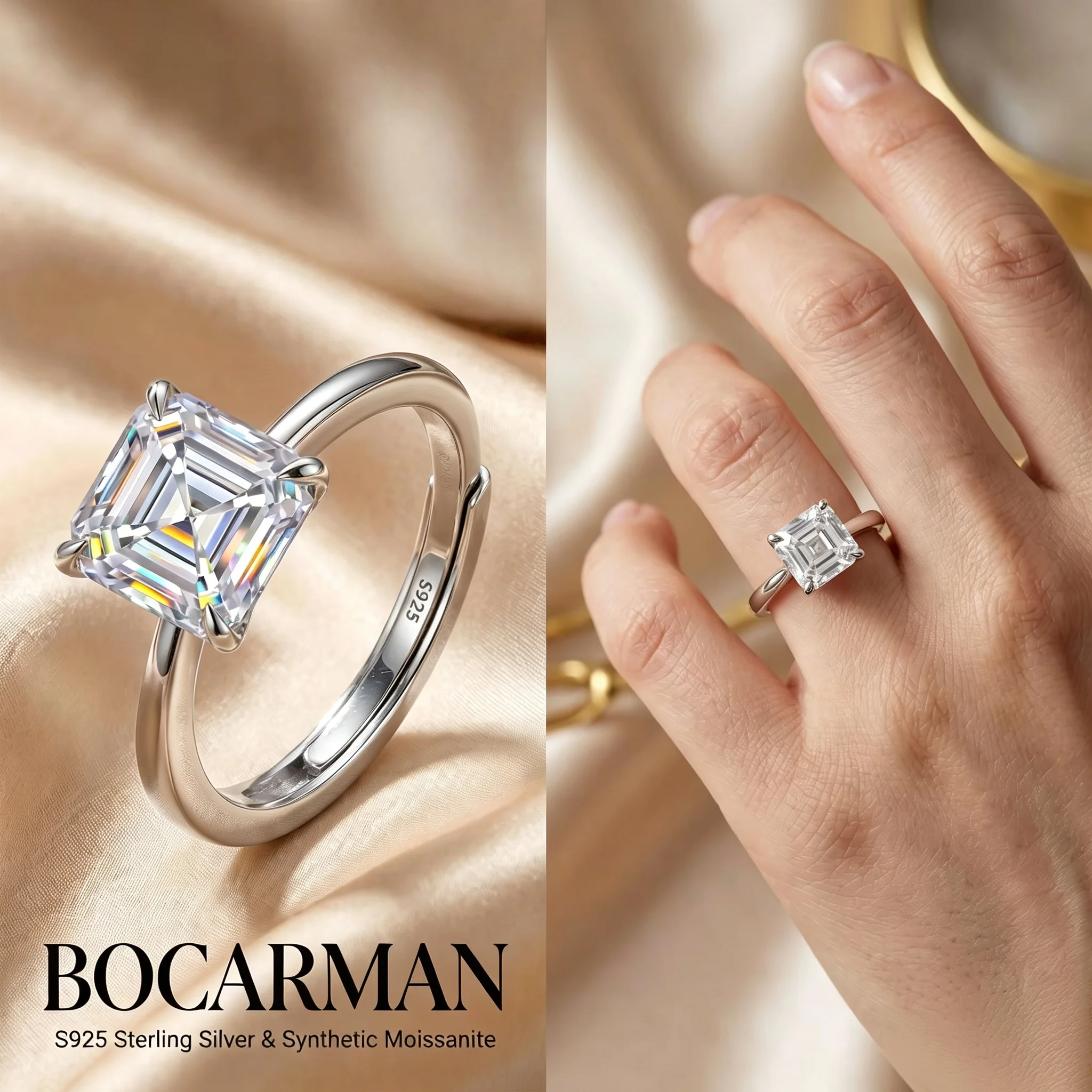 BOCARMAN Asscher Cut Moissanite Ring S925 Silver Fascinating Step Cut Band Charismatic Jewelry for Women