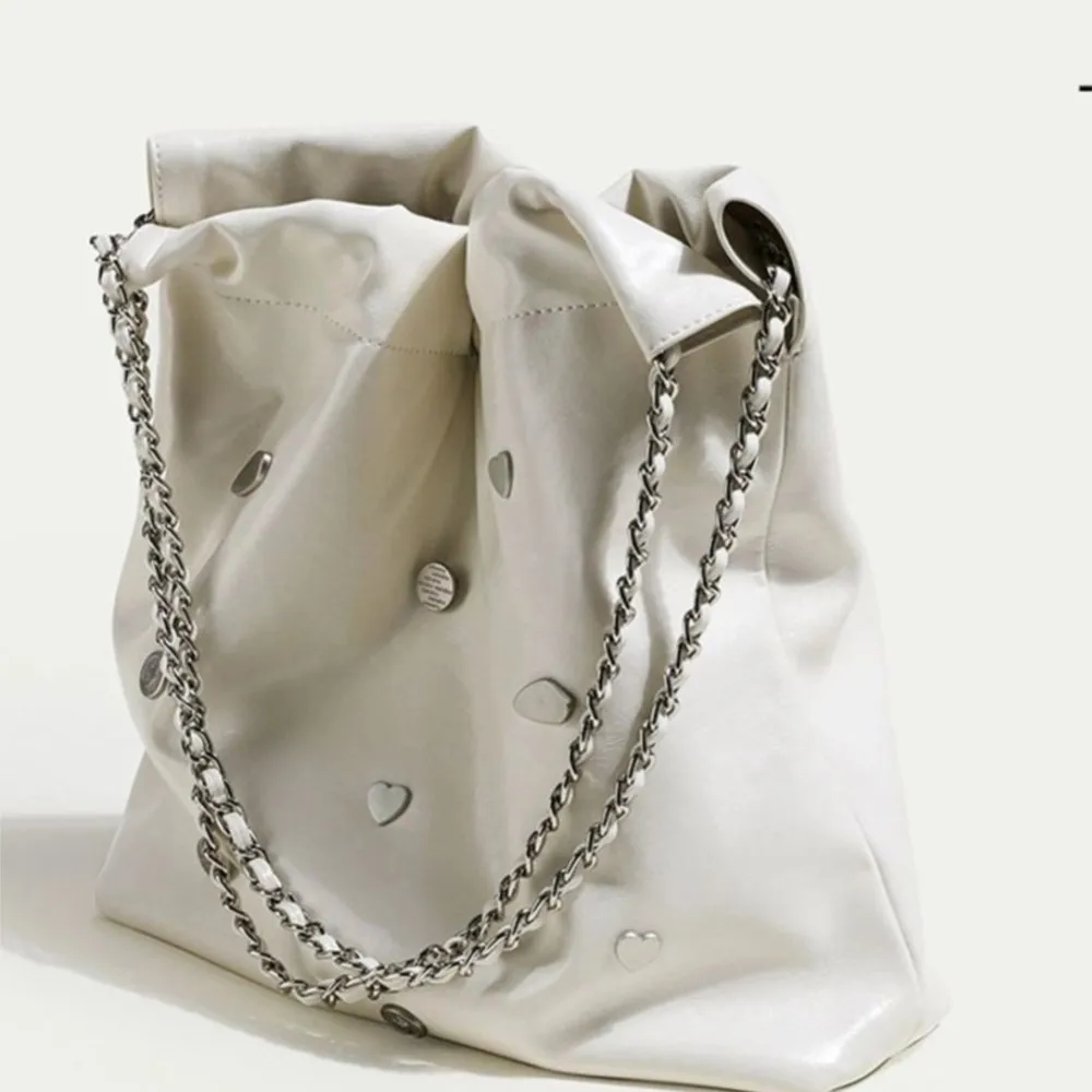 JIAERDI Beading White Tote Bag Women High Street Chain Chic Leather Casual Handbag Purse Female Large Capacity Shoulder Bags New