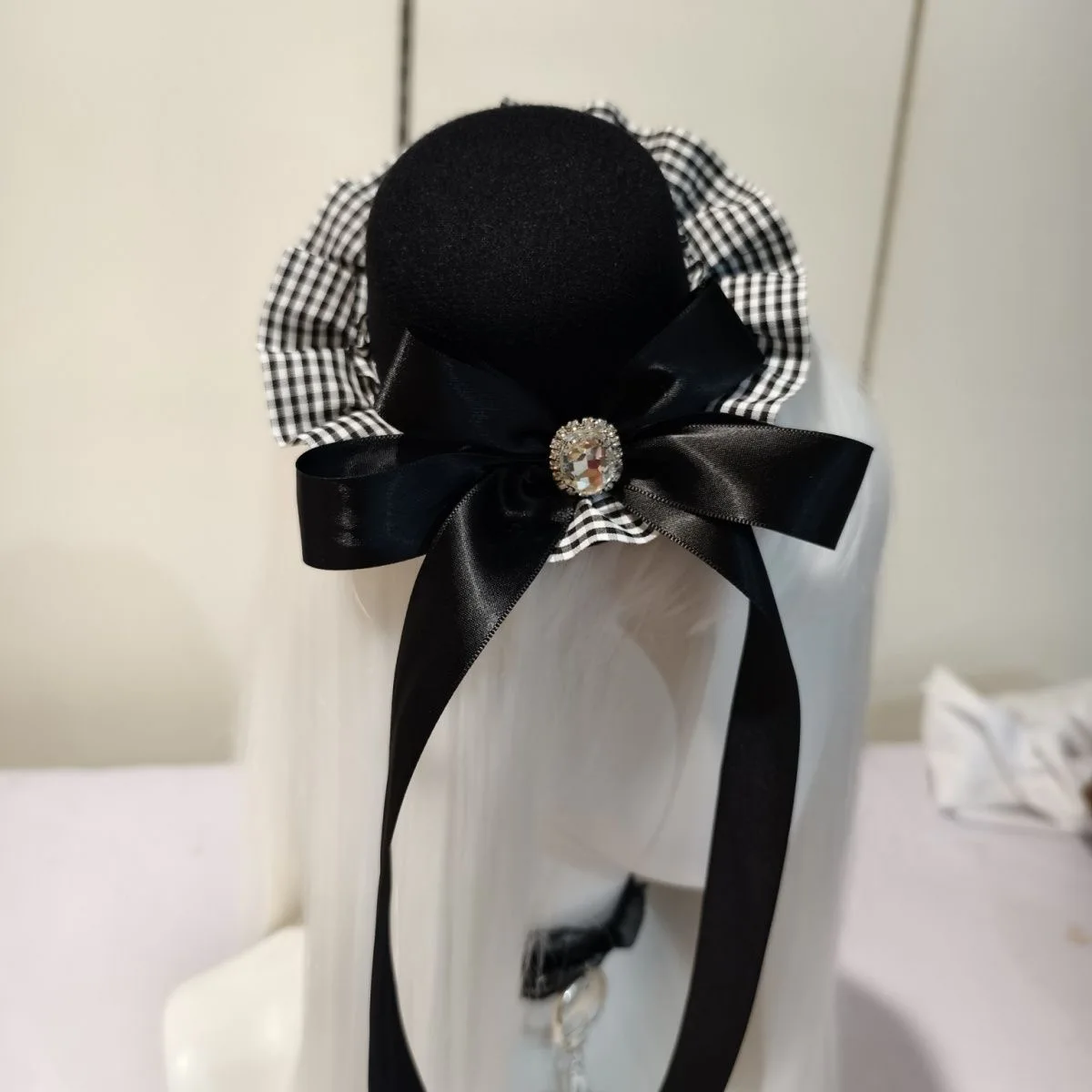 レトロゴシックブラックホワイトグリッドフリルパンクボウハイピンコミコン小さなシルクハットショーロリータ帽子アクセサリー