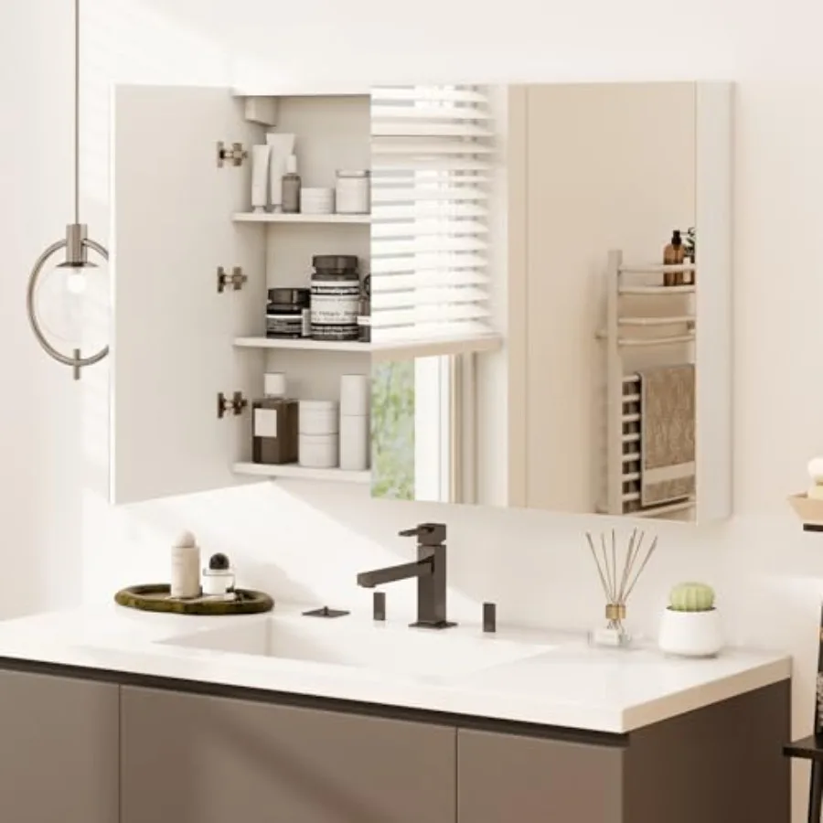 Bathroom mirrored medicine cabinet, white MDF, large wide wall-mounted storage with 3 mirror doors, hanging organizer, 34.5 x 5 view 3