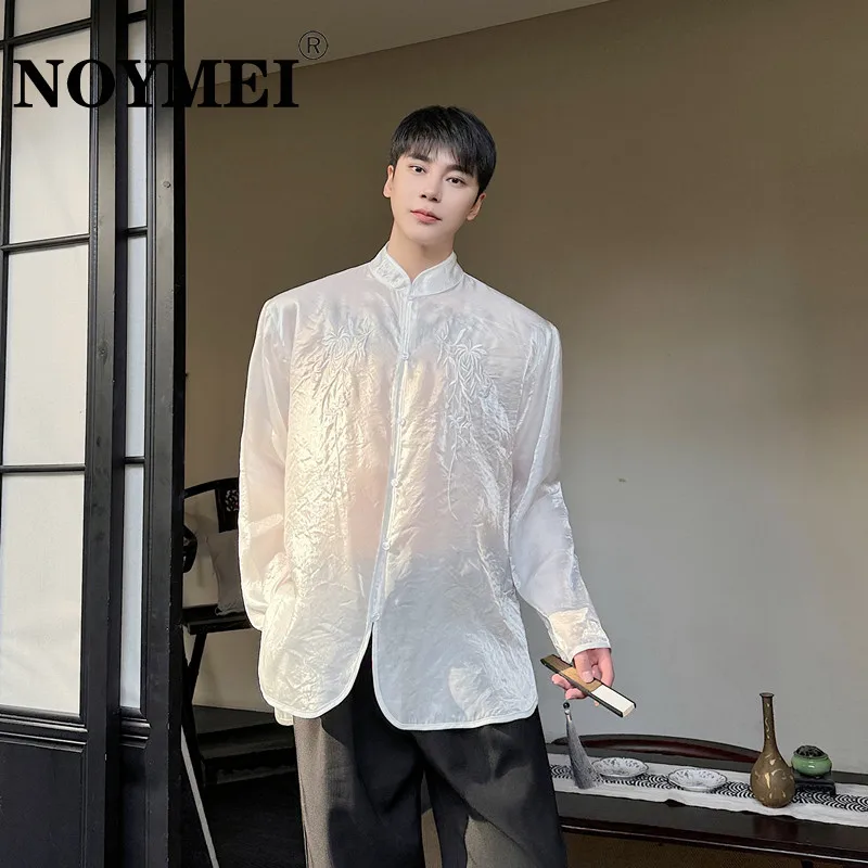 NOYMEI Casual Embroidered Long Sleeved Shirt New Chinese Style Transparency Organza Top 2024 Spring New Knot Button WA4268