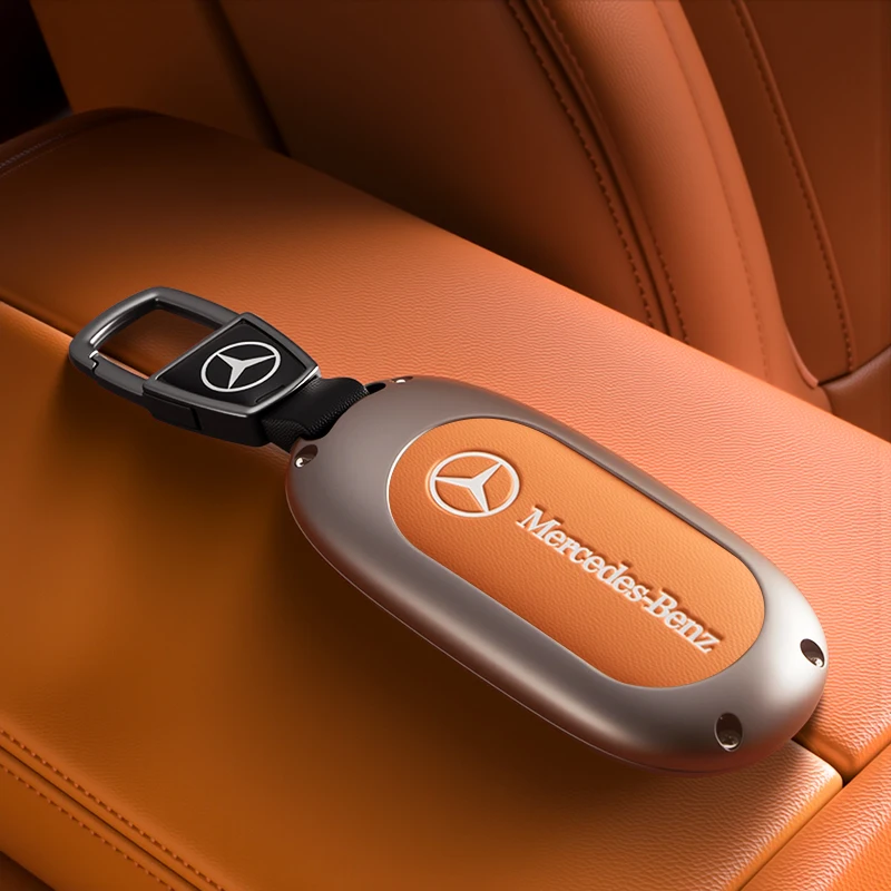 For Mercedes Benz C300 E350 S550 C E S CLE GLC EQS EQE 300 350 450 Metal Leather Car Key Fob Case Cover Keychain 2024 2023 2022