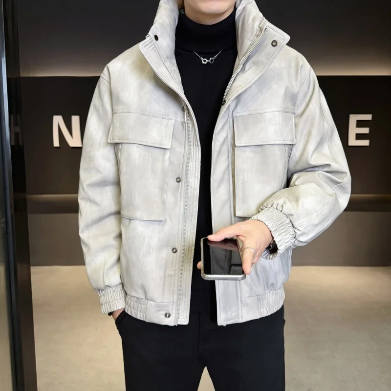 

Мужская утепленная кожаная куртка с воротником-стойкой, зимняя теплая повседневная верхняя одежда из ПУ-материала, ветрозащитная, с длинными рукавами, защита от холода