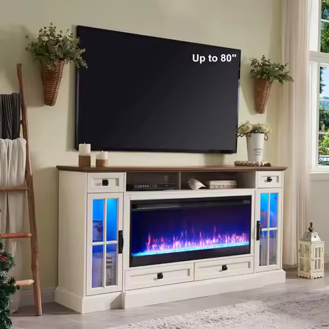 Fireplace TV Stand for 80 Inch TV, 36" Tall Entertainment Center with 42" Crystal Eletric Fireplace, Modern Media Console Table