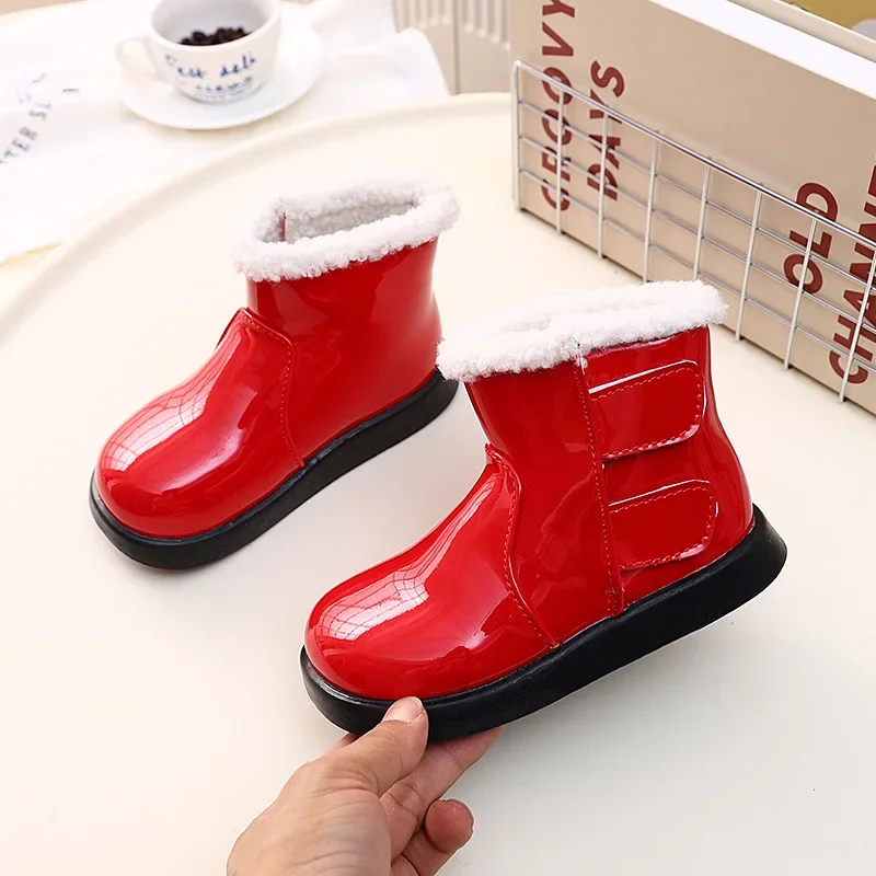 

Outdoor New Kids Winter Ankle Boots Black Red Glossy PU Children's Simple Platform Boots Causal Warm Girls Fashion Cotton Boots