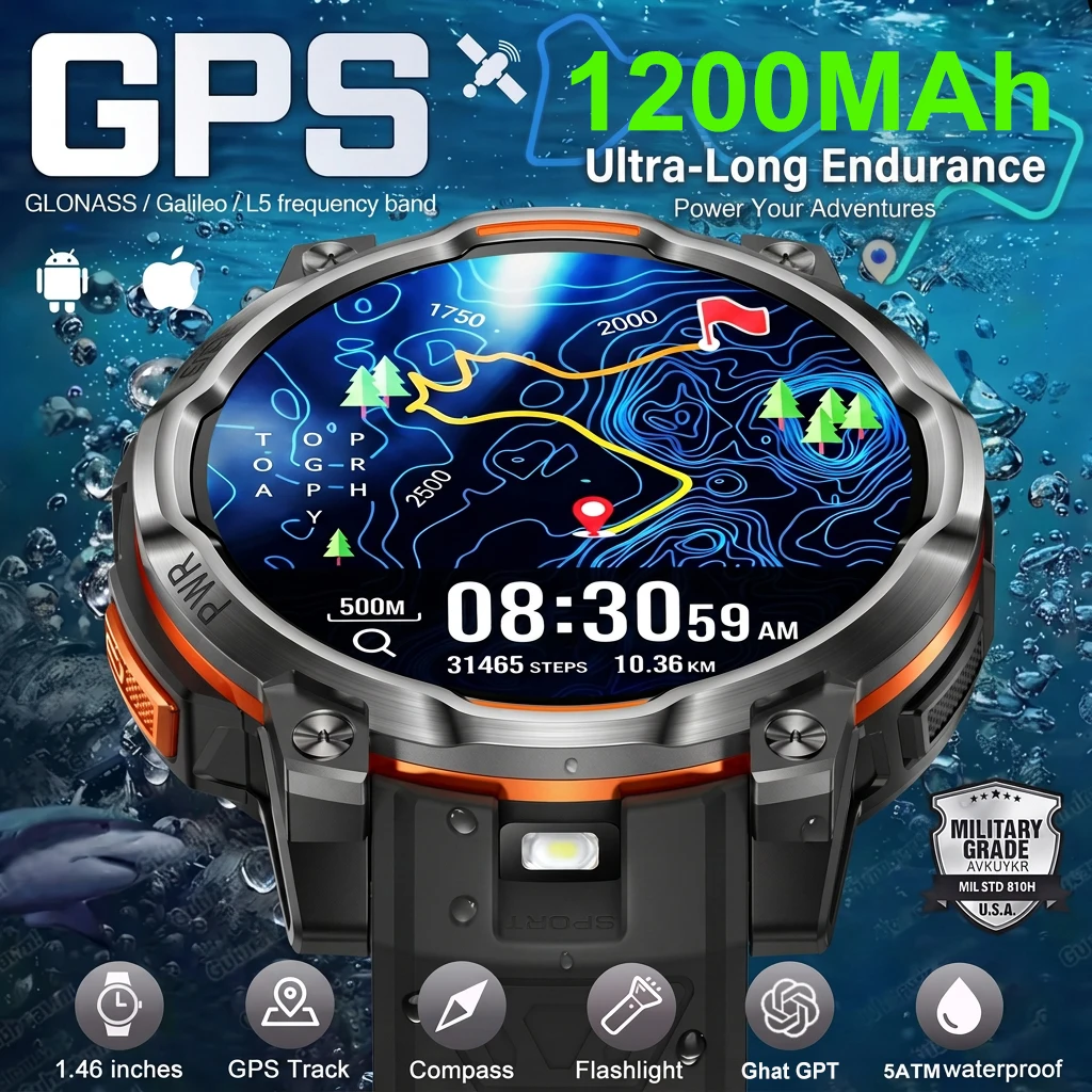 2026New GPS GLONASS Smart Watch Men 1200mAh Battery 5ATM Waterproof GPS Compass Altimeter 100+Sports HD Call Military Smartwatch