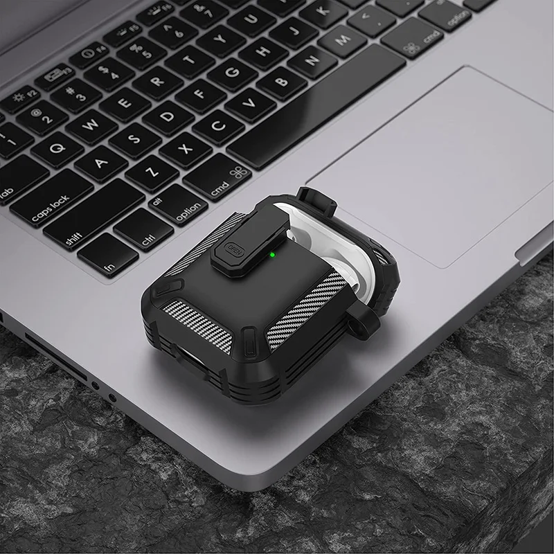 Schalter Lock Kopfhörer Fall Für Airpods Pro Luxus Carbon Fiber Rüstung Bluetooth Kopfhörer Lade Box Abdeckung Für Airpods 2 3 2021