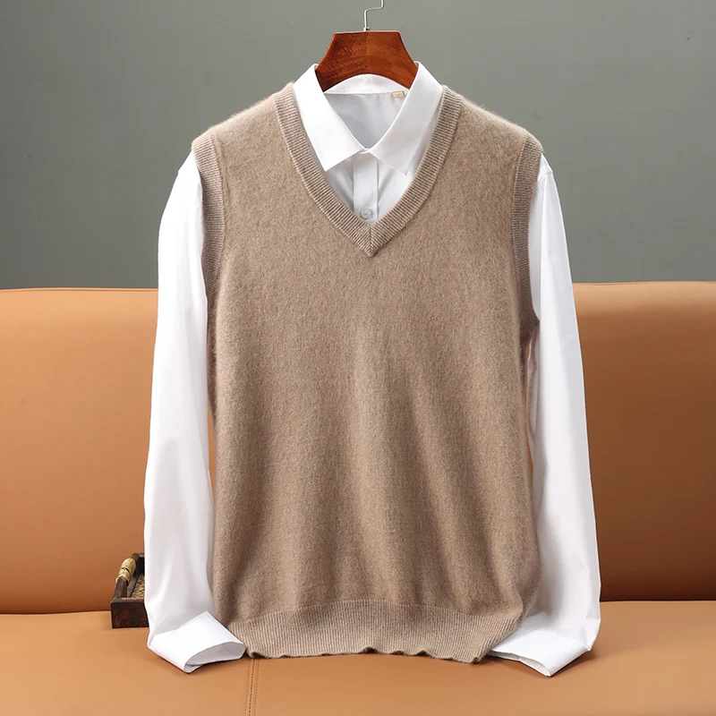 

Autumn Men's Sweaters 100%Mink Cashmere Vest Fashion New Sleeveless V-neck Casual Young Style Pullover Solid Knitted Tops Winter