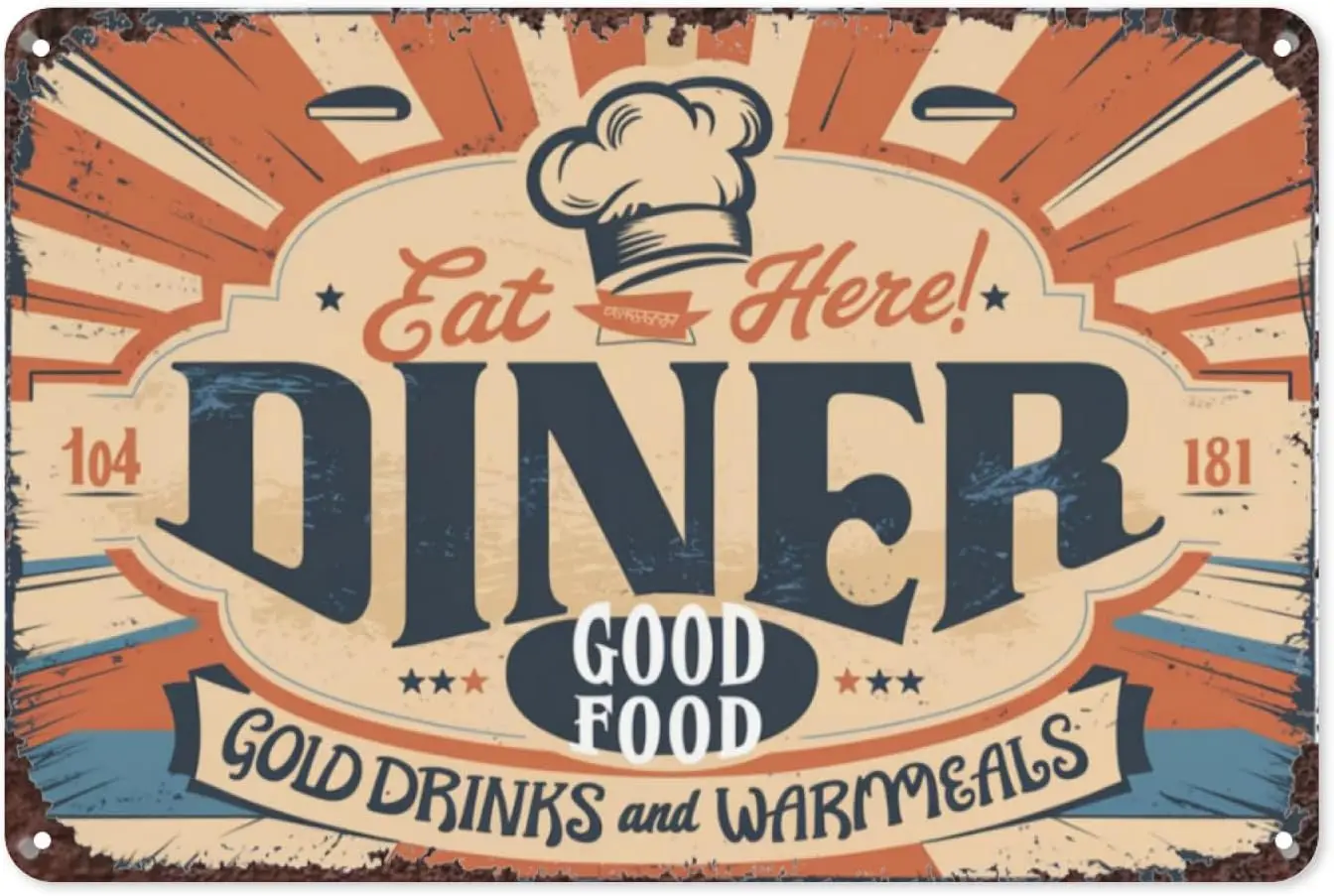 Rust Chef Hat Food Fork Eat Here Diner Retro Tin Sign, 8X12 Inch Vintage Metal Wall Decor for Kitchen, Diner, or Restaurant sign