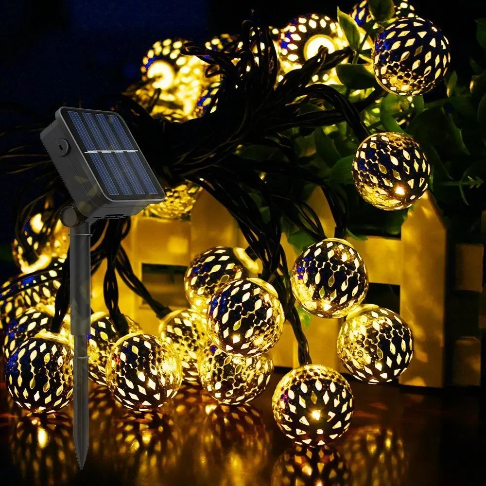 Guirnalda de luces solares de bolas marroquíes, 100/50 LED, globo de hadas, linterna impermeable, iluminación decorativa para fiesta de jardín en