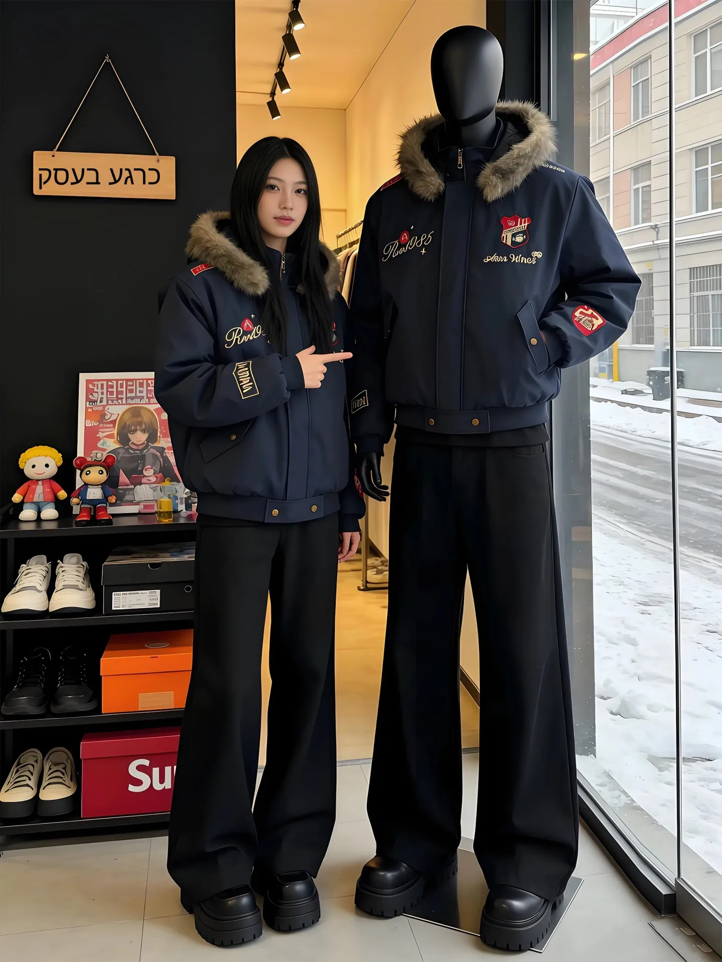 American Retro Embroidered Badge Coat Mountain Eagle Cotton Jacket Men's Winter Thickened Detachable Fur Collar Hooded Cotton...