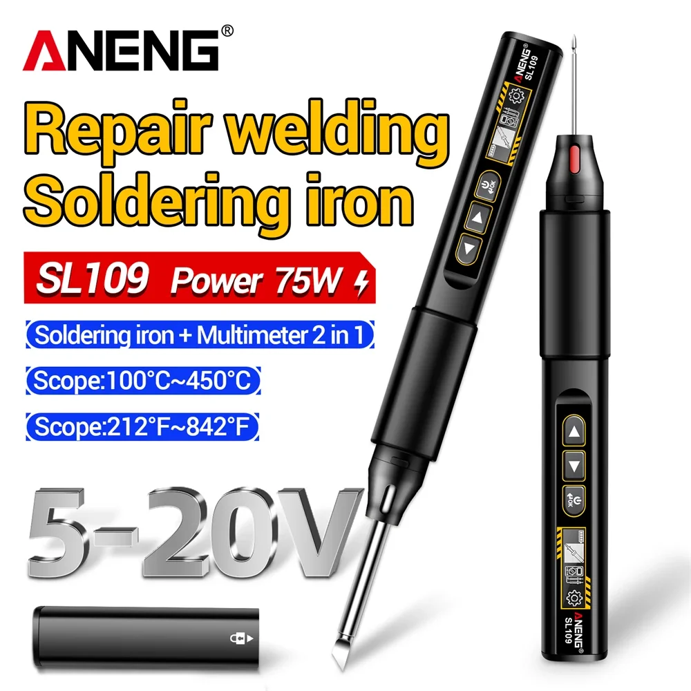 aneng-sl109-soldering-iron-electric-multimeter-75w-adjustable-temperature-voltage-rechargeable-100℃-450℃-repair-welding-tool-set