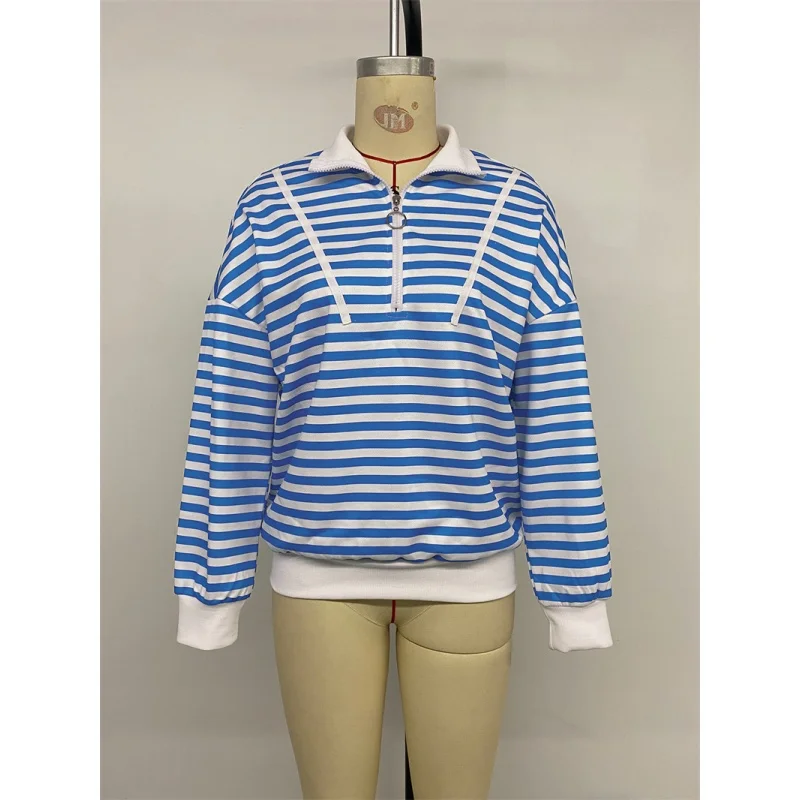 Faion Women's Striped Zipper T-irt Hoodie Streetwear Long Sve  Ne Regular Fit Polyester Autumn Top Ladies