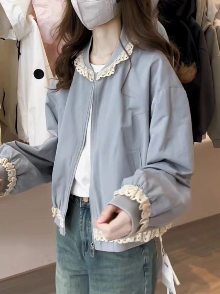 Giacca da baseball corta in pizzo con colletto alla coreana stile coreano Capispalla casual slim fit alla moda primaverile 2025 da donna
