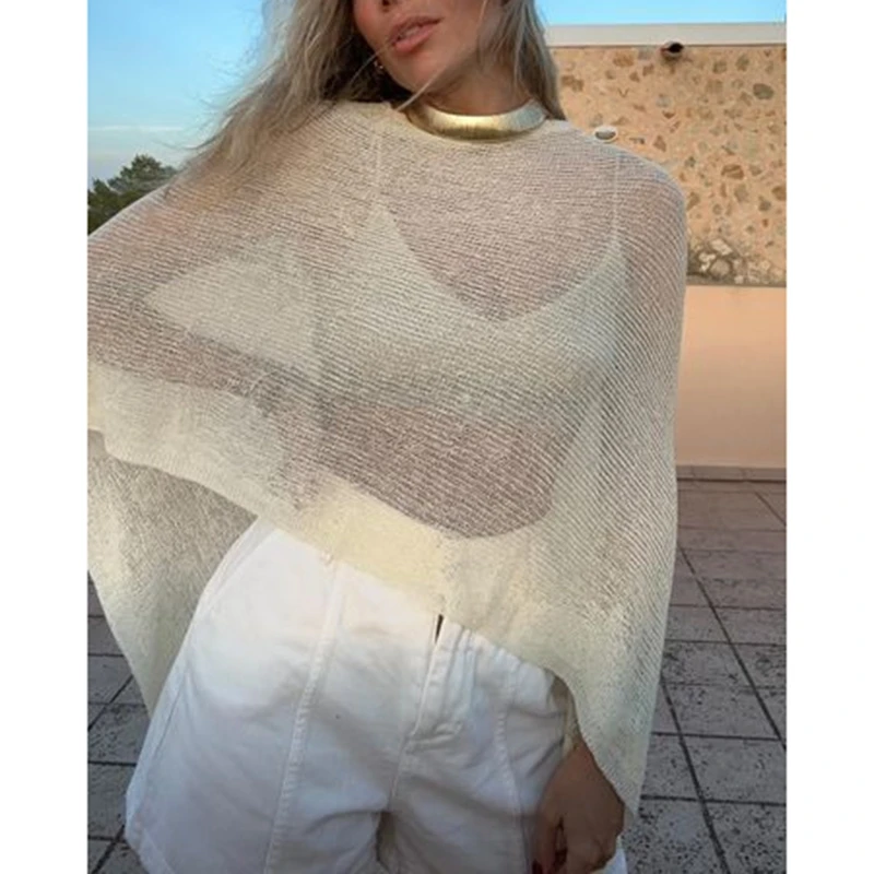 Women Knitwear Bikini Cover-ups Sheer See-through Solid Y2k Off Shoulder Irregular Triangle Hem Loose Pullover Summer Beach Tops