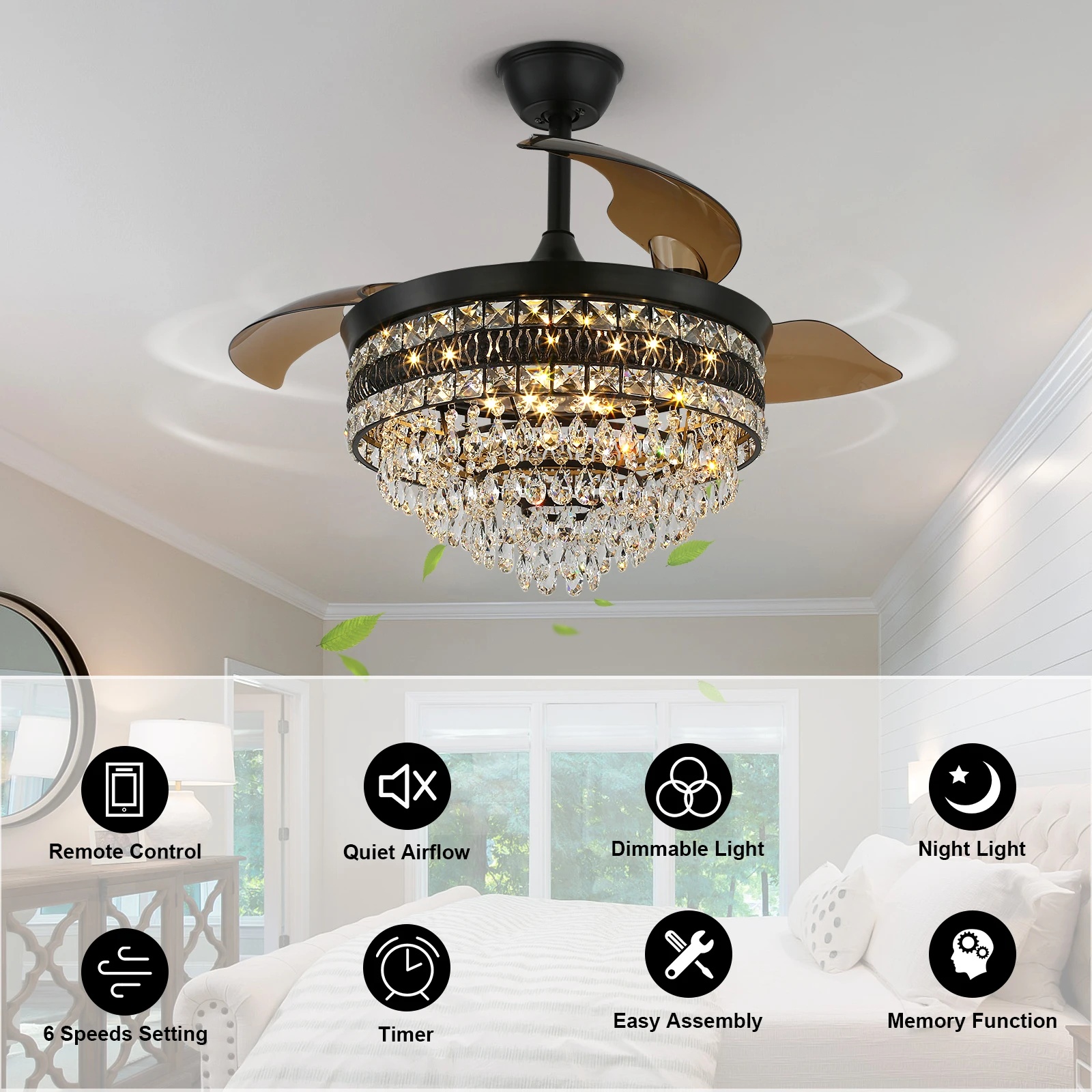 Modern Smart Ceiling Fan Chandelier Gold RC Adjustable 6 Speed Pendant Light Luminaire Bedroom 3 Heads Led Fandelier Lamp Indoor