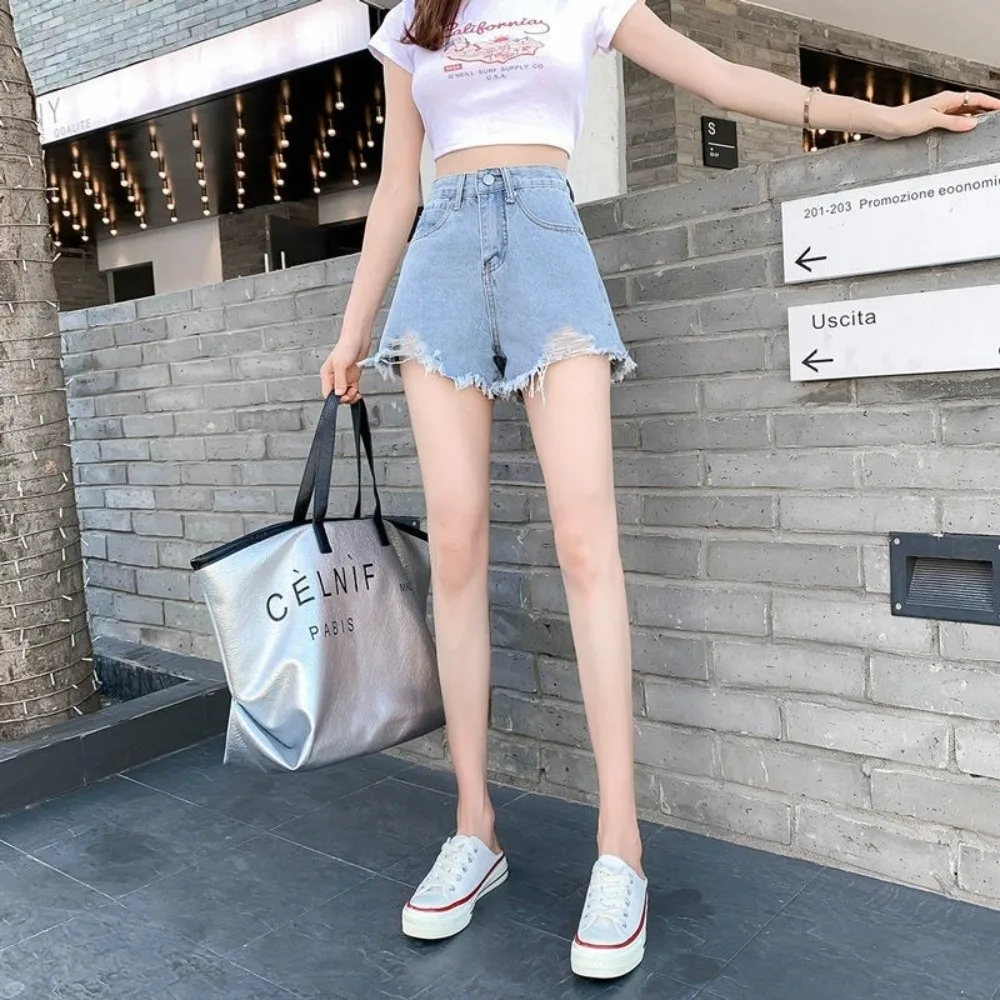 Trendy Stretchy Jean Shorts for Women High Waisted Tassel Short Pants All-match Ripped Distressed Shorts Summer Wear