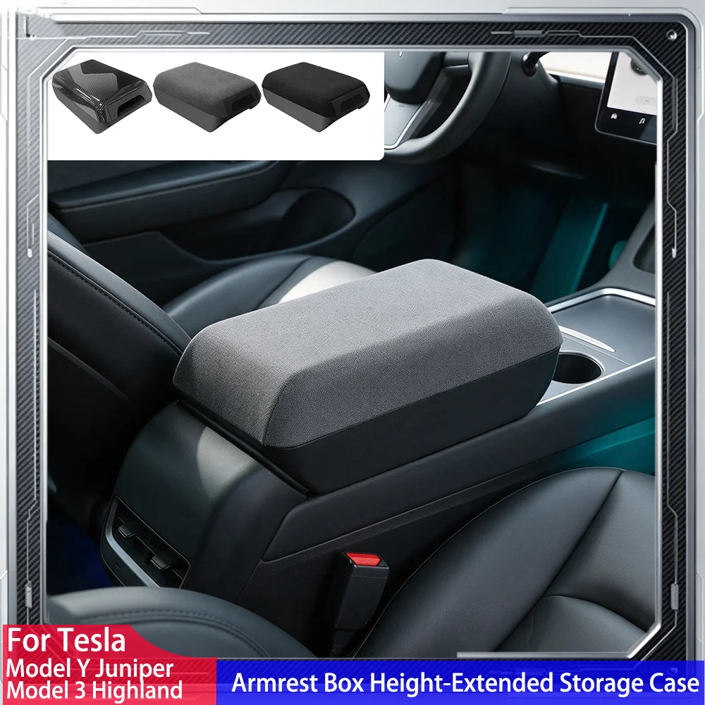 1Pc Suede Armrest Box Raised Storage Box For Tesla Model 3 Highland 2024‑2026 Y L Privacy Storage Space Elbow Support Long Trip