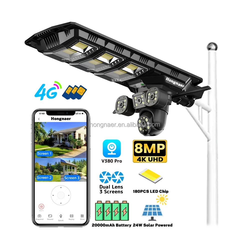 

4G wireless solar security pan tilt monitoring 8MP 4K dual lens V380 Pro outdoor 4G card CCTV solar street light monitoring