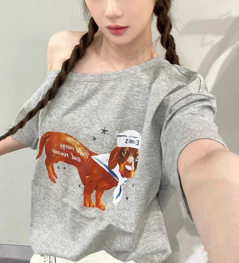 ゆったりとしたカジュアルな女性用オルト・スヴェ・ティート・ソーセージドッグプリント・オルダーバード・韓国風・通勤・ファション・コットン・サマートップ