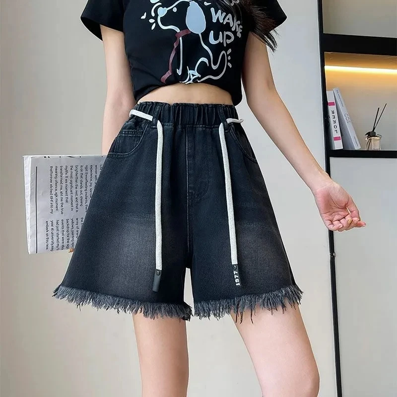 

Women's Large Size Black Fringed Denim Shorts: A-line Wide-leg,Loose-fitting High-waisted Lightweight Slimming Soft Stretchy