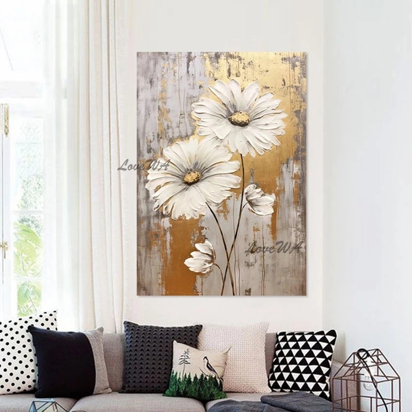 

White Acrylic Flowers Oil Paintings Frameless Gold Foil Textured Design Art Picture Handmade Canvas Artwork Abstract Floral Wall