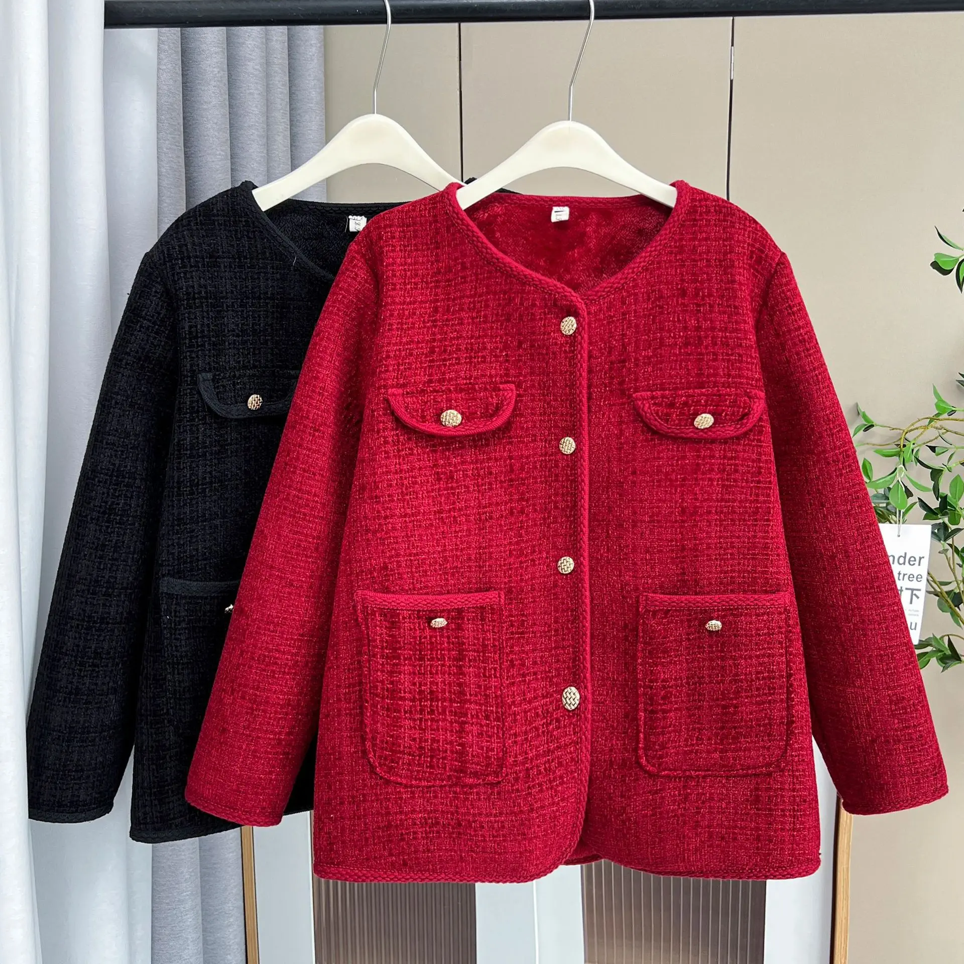 Plus Size Women Jacket Autumn Winter Wear Thicken Warm Vintage Chic fleece-lined Woollen Coat 6097