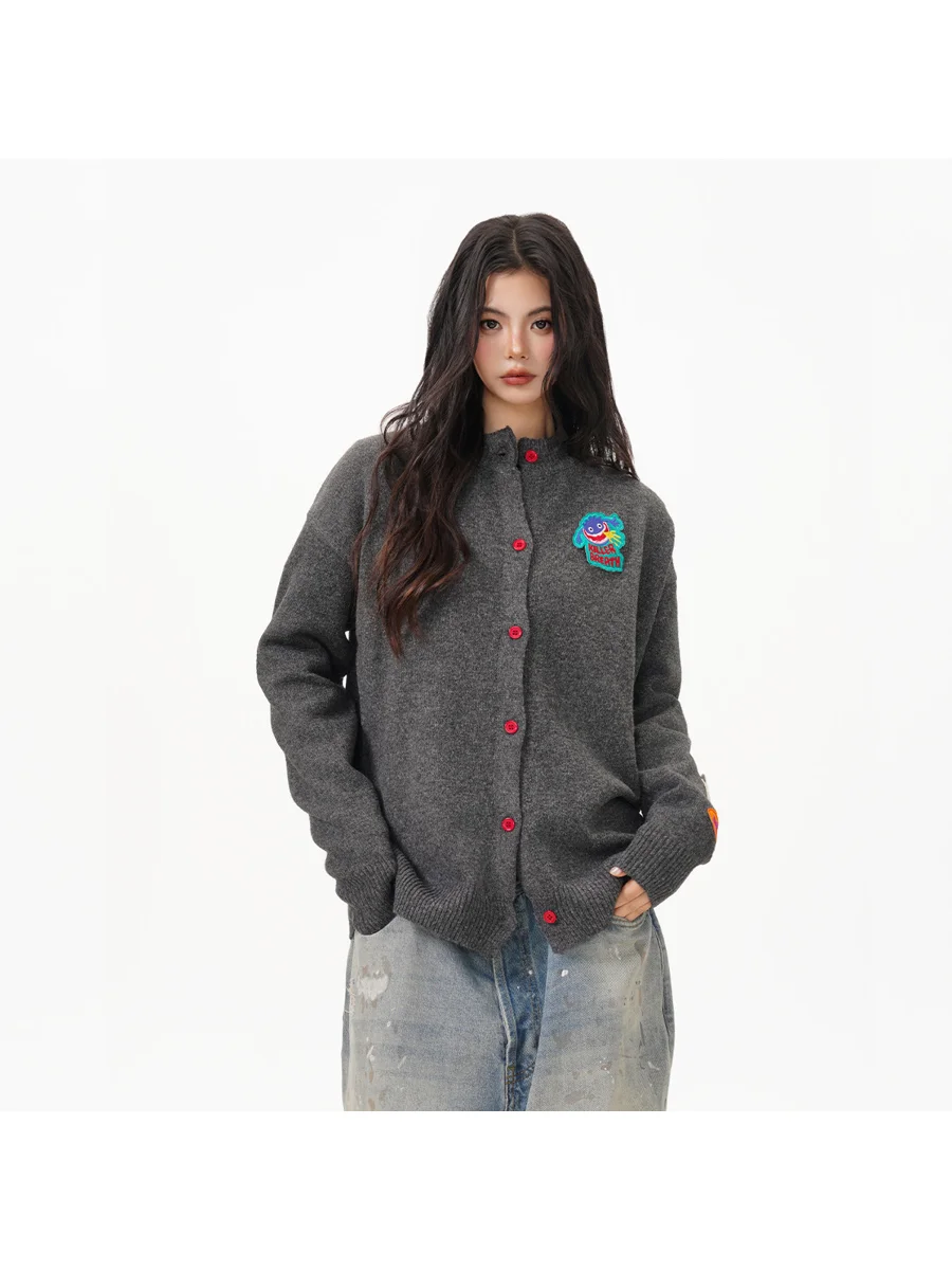 

Серый плотный кардиган унисекс с креативной мультяшной вышивкой, осенне-зимний, в винтажном стиле, вязаная верхняя одежда в стиле оверсайз