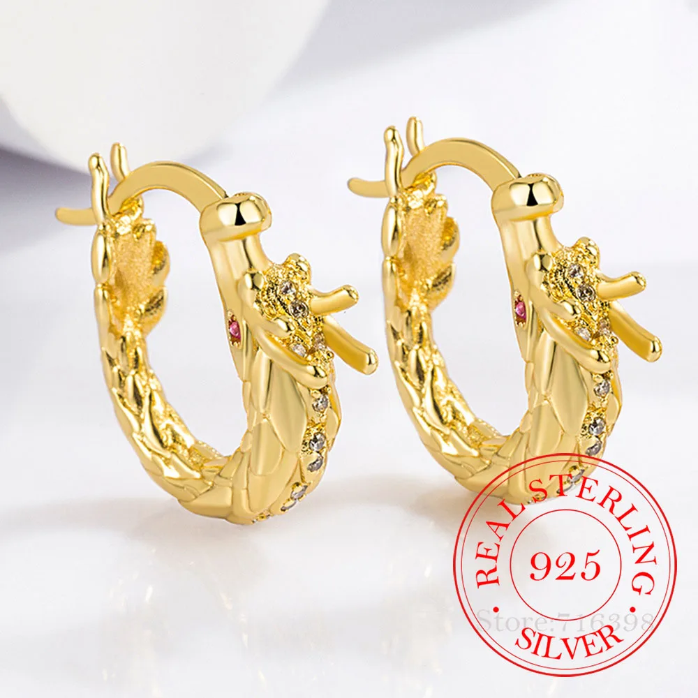 925 Sterling Silver New Dragon Vintage Crystal Hoop Earrings for Women Wedding Party Jewelry Gift